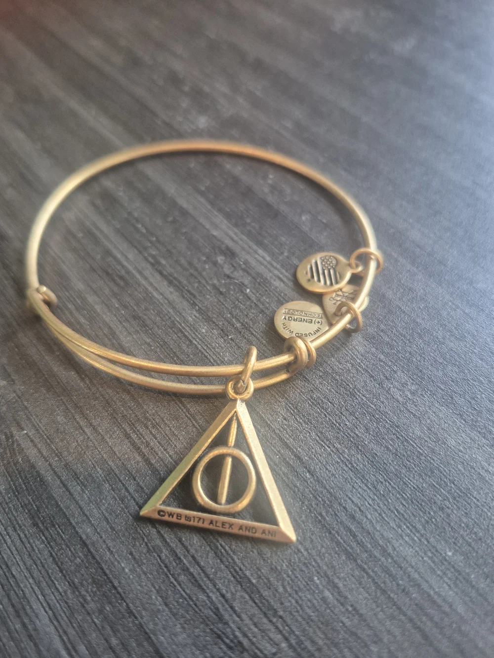 Alex And Ani Harry Potter Deathly Hallpws Gold-Tone Pendant Bangle Bracelet